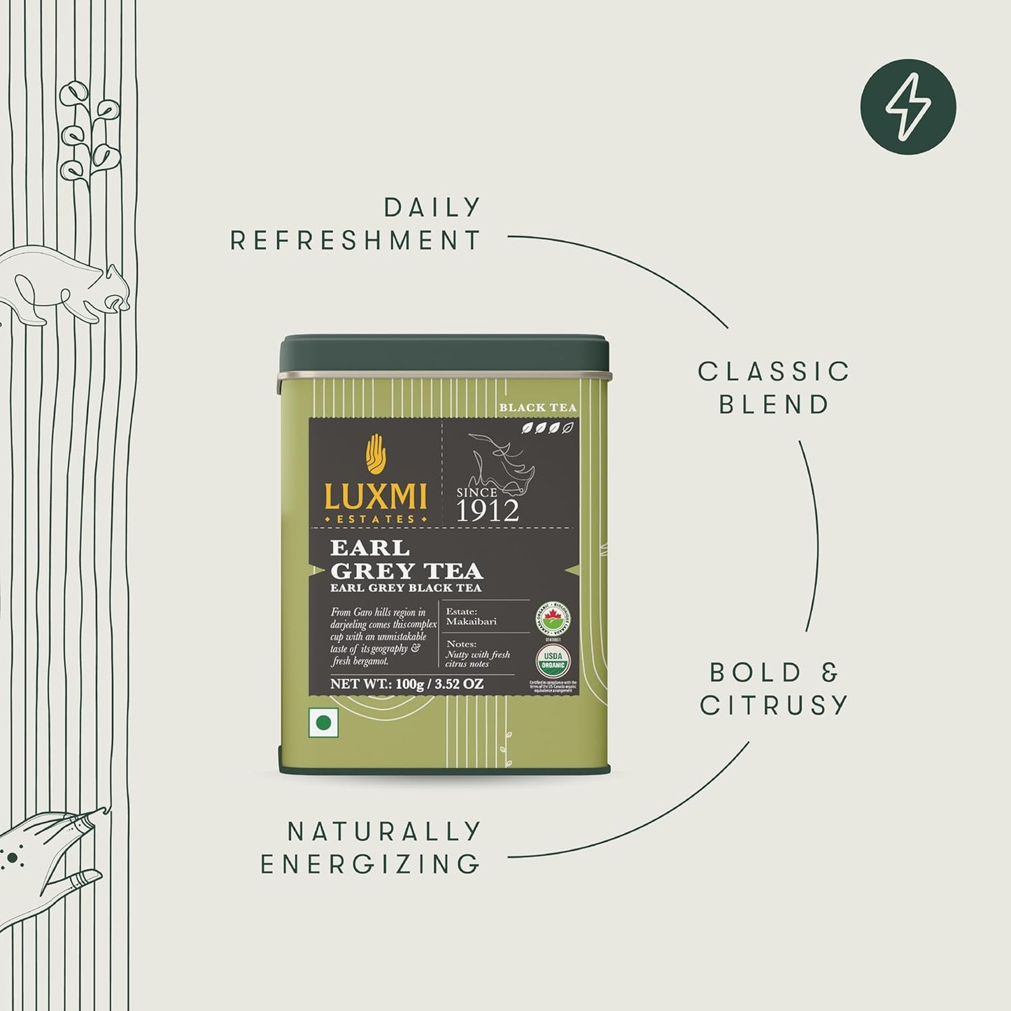 Luxmi Estates Garo Hills Earl Grey Tea 100gm Tin | Certified Organic Black Tea