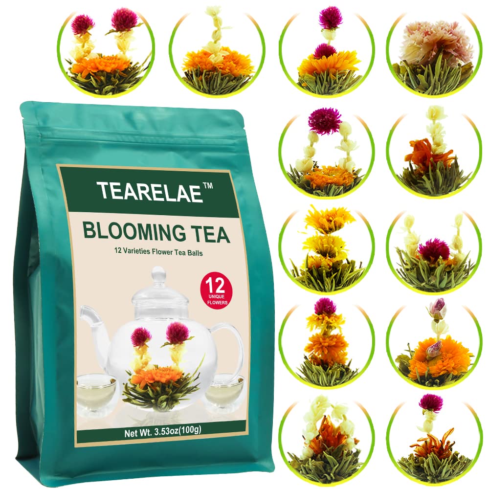 Tearelae Blooming Tea Flowers - 12pcs Individually Sealed Flowering Balls - Hand-Tied Natural Green Tea Leaves & Edible Flowers - Gifts For Lovers