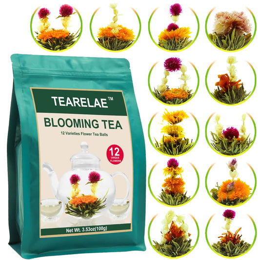 Tearelae Blooming Tea Flowers - 12pcs Individually Sealed Flowering Balls - Hand-Tied Natural Green Tea Leaves & Edible Flowers - Gifts For Lovers