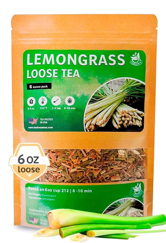 TeaDreamTea Lemongrass Herbal Tea, 6 oz Loose Leaf - Caffeine Free, Decaffeinated, Bulk Lemongrass Tea for Metabolism - Easy to Brew, Natural Flavor