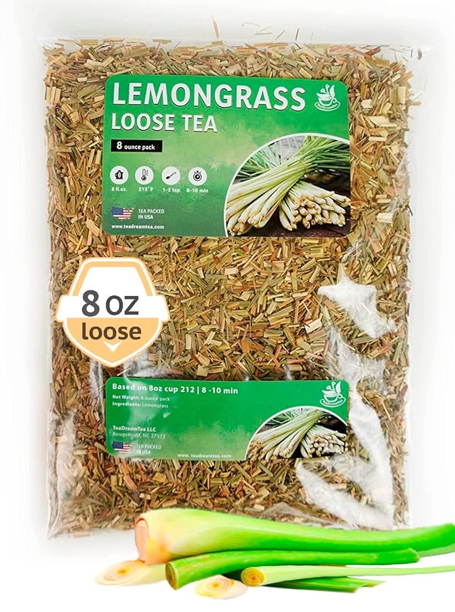 Lemongrass Leaf Loose Tea – 8oz Size (Premium Dried Lemongrass Loose Leaf Tea - 4 oz), Natural Extract Caffeine-Free Herbal Tea for Relaxation