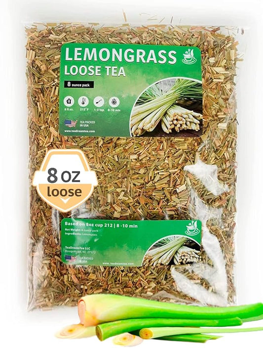 Lemongrass Leaf Loose Tea – 8oz Size (Premium Dried Lemongrass Loose Leaf Tea - 4 oz), Natural Extract Caffeine-Free Herbal Tea for Relaxation