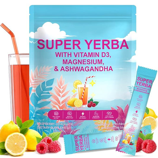 Super Yerba Mate Tea Instant Powder, Triple Vitality Energy Drink Mix, Low Sugar Prebiotic Fiber, 30 Single-Serve Packets (Hot or Cold)