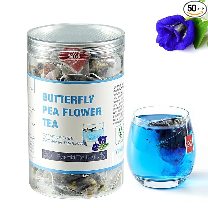 50 Dried Blue Butterfly Pea Flower Tea Bags, Thai Herbal Tea, Blue Purple Pea Tea, Caffeine-Free, Gluten-Free, Non-GMO, Ideal for Cooking, Iced Tea