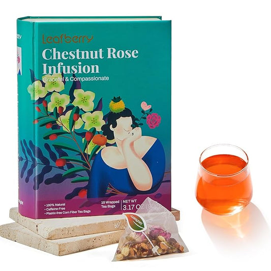 Leafberry Chestnut Rose Energy Tea Bag (Rich in Vitamin C) Decaffeinated Gift Box Tea Bags Gluten Free and All Natural Individually Packaged (10 Count)