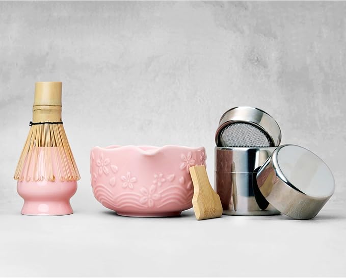 ZenMasters Pink Matcha Set – Premium 7-Pc Matcha Starter Kit w/Ceramic Pour Bowl, Stainless Sifter Canister, Bamboo Whisk & Scoop, Holder & Tea Towel – Modern Aesthetic Gift Set