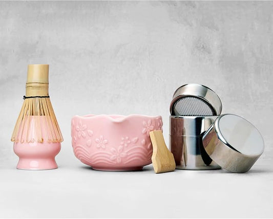 ZenMasters Pink Matcha Set – Premium 7-Pc Matcha Starter Kit w/Ceramic Pour Bowl, Stainless Sifter Canister, Bamboo Whisk & Scoop, Holder & Tea Towel – Modern Aesthetic Gift Set