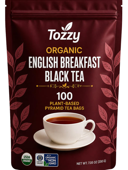 Tozzy Organic English Breakfast Black Tea, Caffeinated Bold Morning Blend, 100 Plant-Based Pyramid Tea Bags