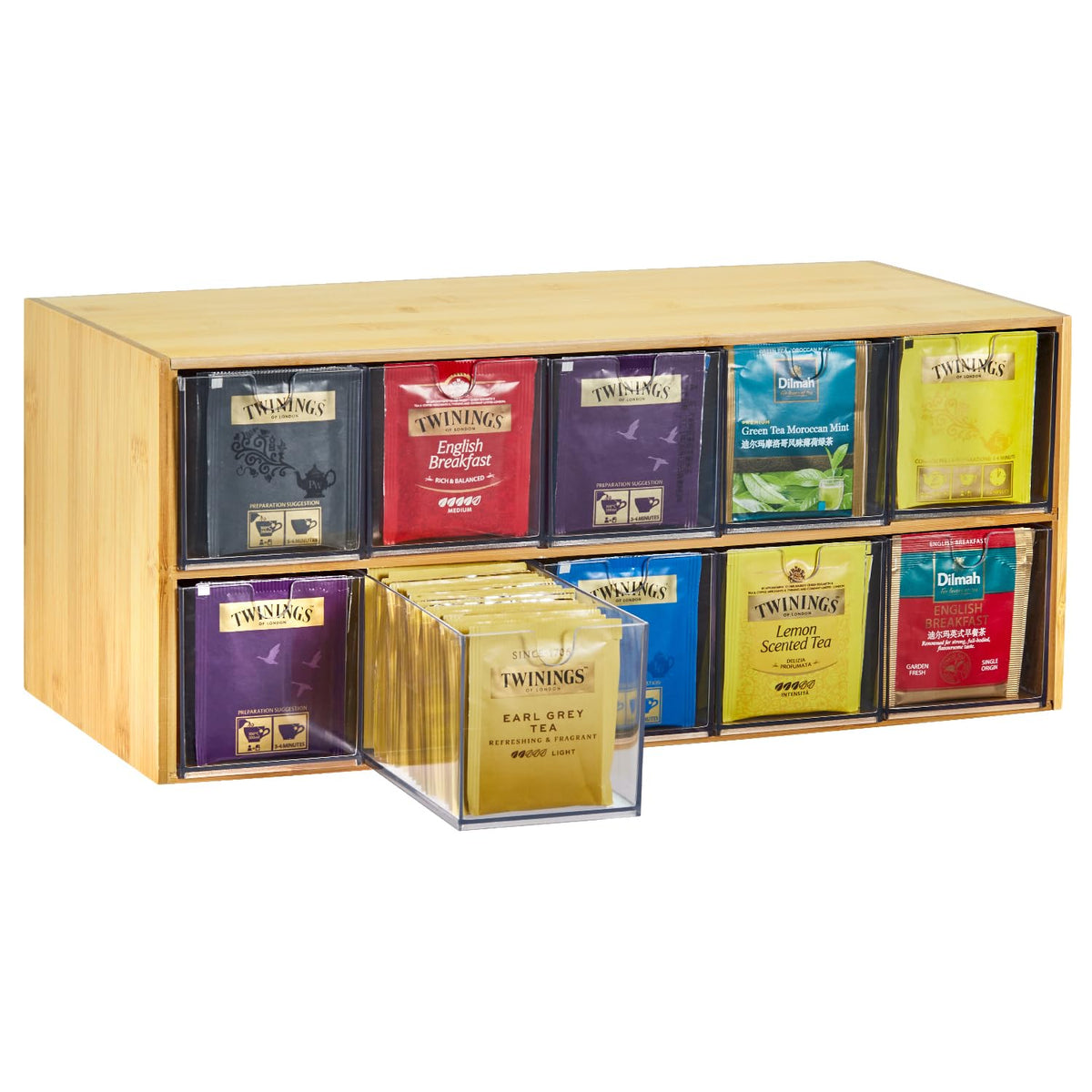 TIMIEEYA Tea Bag Organizer - Bamboo Tea Storage Organizer With Drawer 2 Layer, Tea Organizer for Tea Bags Natural Wood &