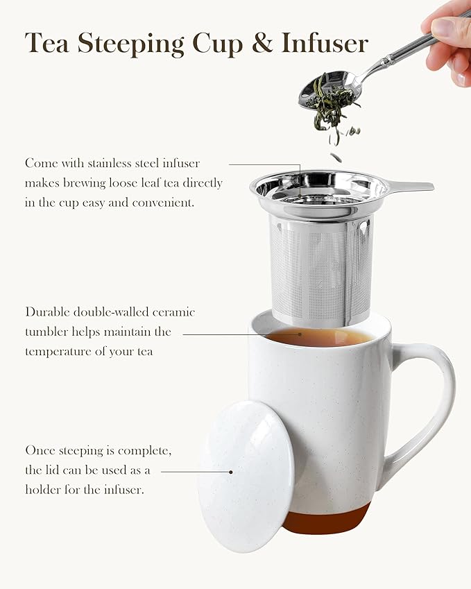 Malacasa Ceramic Tea Mug with Lid and Stainless Steel Infuser, 18 oz Large Tea Cup for Loose Leaf Tea, Heat-Resistant, Microwave & Dishwasher Safe