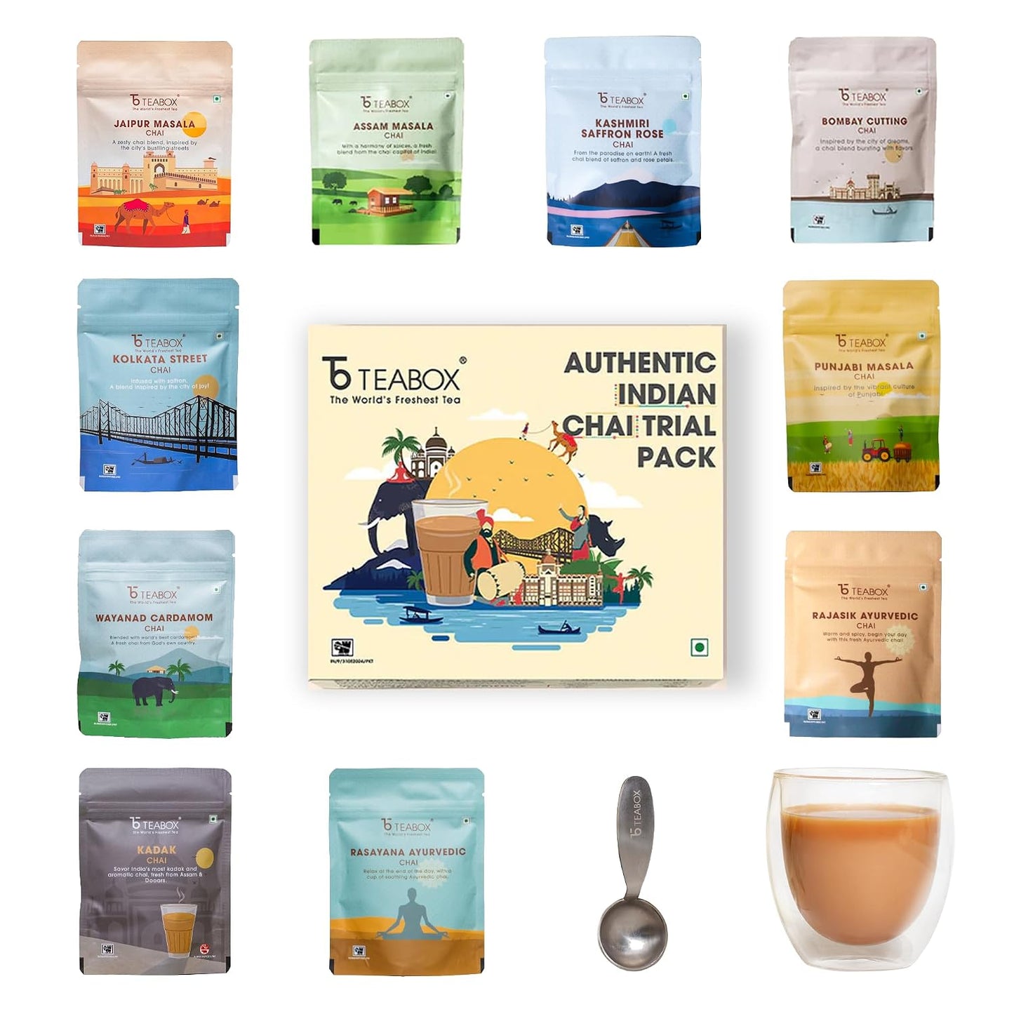 Teabox Premium Authentic Indian Spiced Chai Tea Trial Pack, 10 Exotic Varieties of Chai, 30G Each, 100% Real Ingredients. No Artificial Flavors