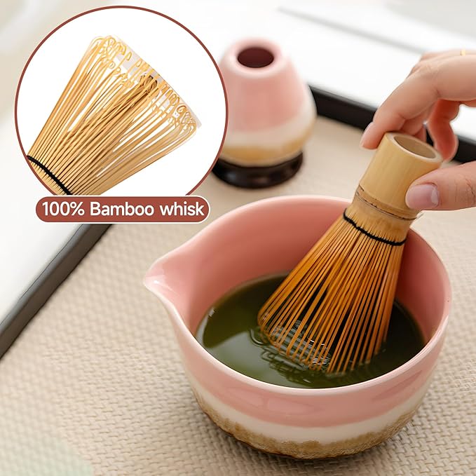 Pink Matcha Whisk Set, Ceramic & Bamboo Matcha Kit with Bowl, Whisk, Holder, Scoop, Sifter, Tea Towel Mat.Give gifts to family and friends
