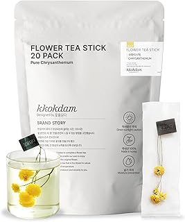 KKOKDAM Chrysanthemum Flower Tea Sticks, 20 Count - 100% Natural Edible Blooming Floral Tea, Individually Wrapped in Bulk Pouch, Caffeine-Free Herbal Tea Gifts