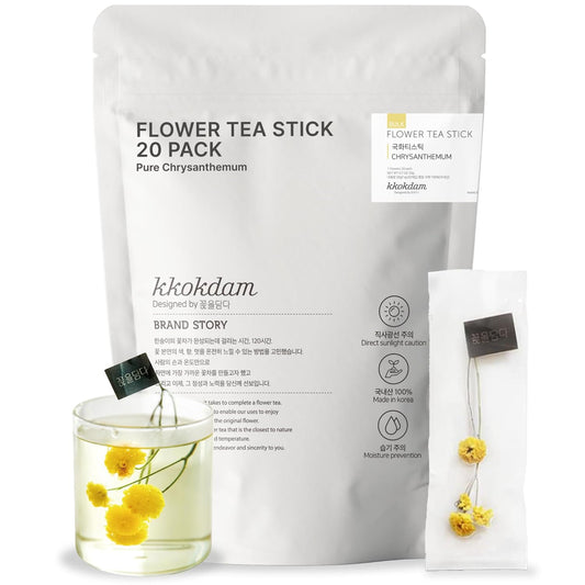 KKOKDAM Chrysanthemum Flower Tea Sticks, 20 Count - 100% Natural Edible Blooming Floral Tea, Individually Wrapped in Bulk Pouch, Caffeine-Free Herbal Tea Gifts