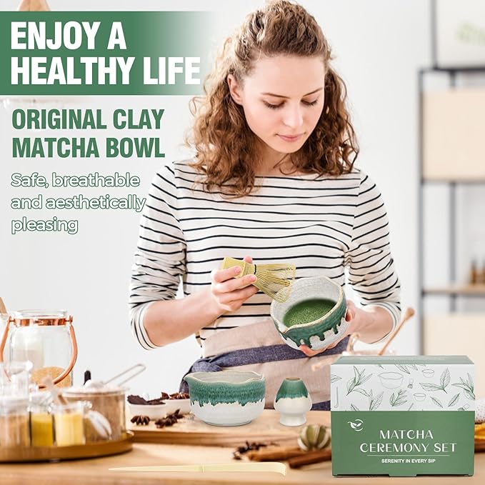 Pottery Matcha Set - Japanese Handcrafted Matcha Tea Bowl Mineral Glaze Bowl with Spout, Bamboo Whisk, Scoop & Chasen Holder