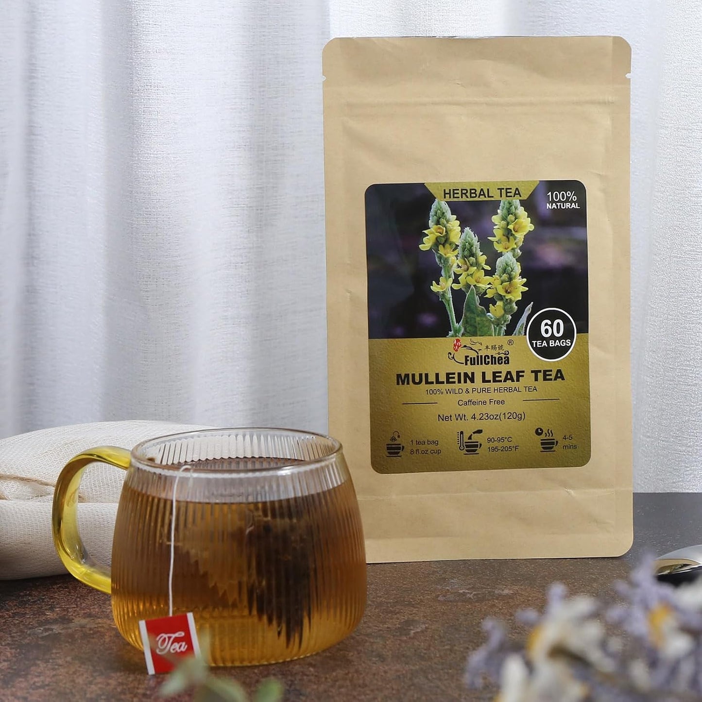 FullChea Mullein Leaf Tea Bags, 2g X 60 Count, Big &amp; Resealable Pack