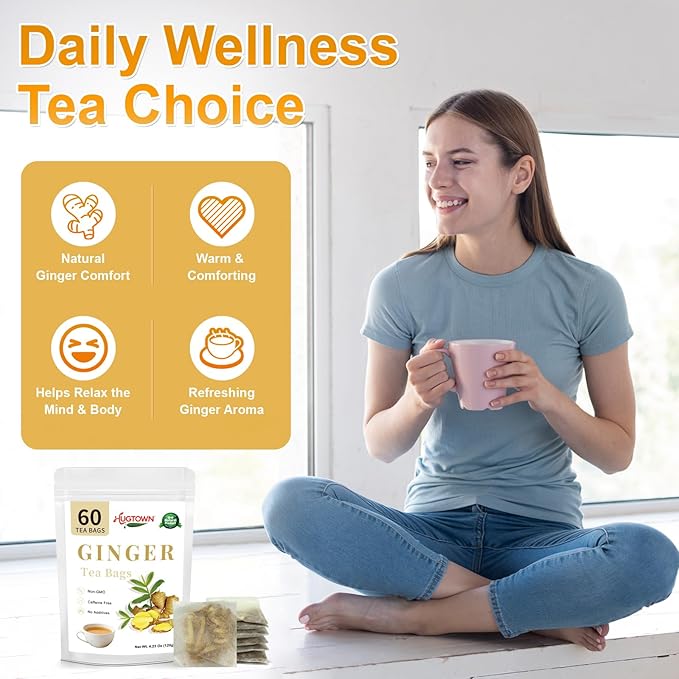 Ginger Tea Bags 60 Count - 100% Pure Extra Hot & Spicy Ginger Root | Strong Intense Flavor, Digestion Support, Caffeine Free Herbal Tea | Natural Loose Leaf