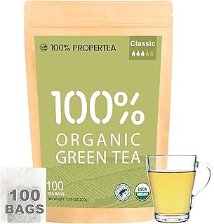 100% Propertea Organic Green Tea Bags,100 Count Eco-Friendly Tea Bags,Hot or Iced,Unsweetened,Low Caffeine, Rich in Antioxidants, Resealable Pouch,Classic Taste