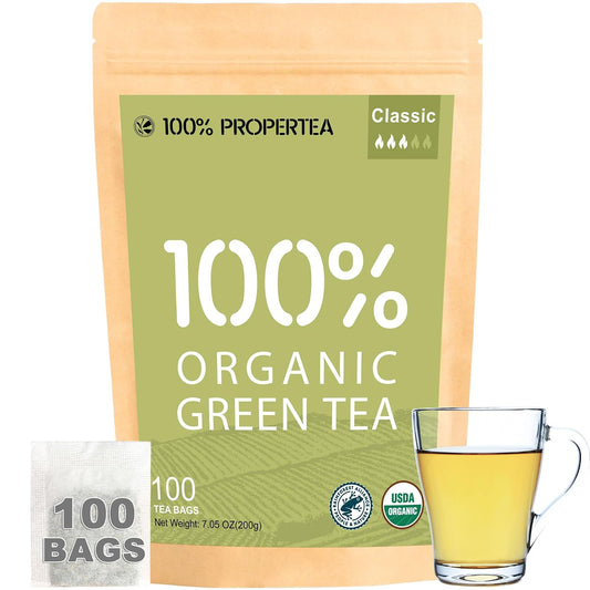 100% Propertea Organic Green Tea Bags,100 Count Eco-Friendly Tea Bags,Hot or Iced,Unsweetened,Low Caffeine, Rich in Antioxidants, Resealable Pouch