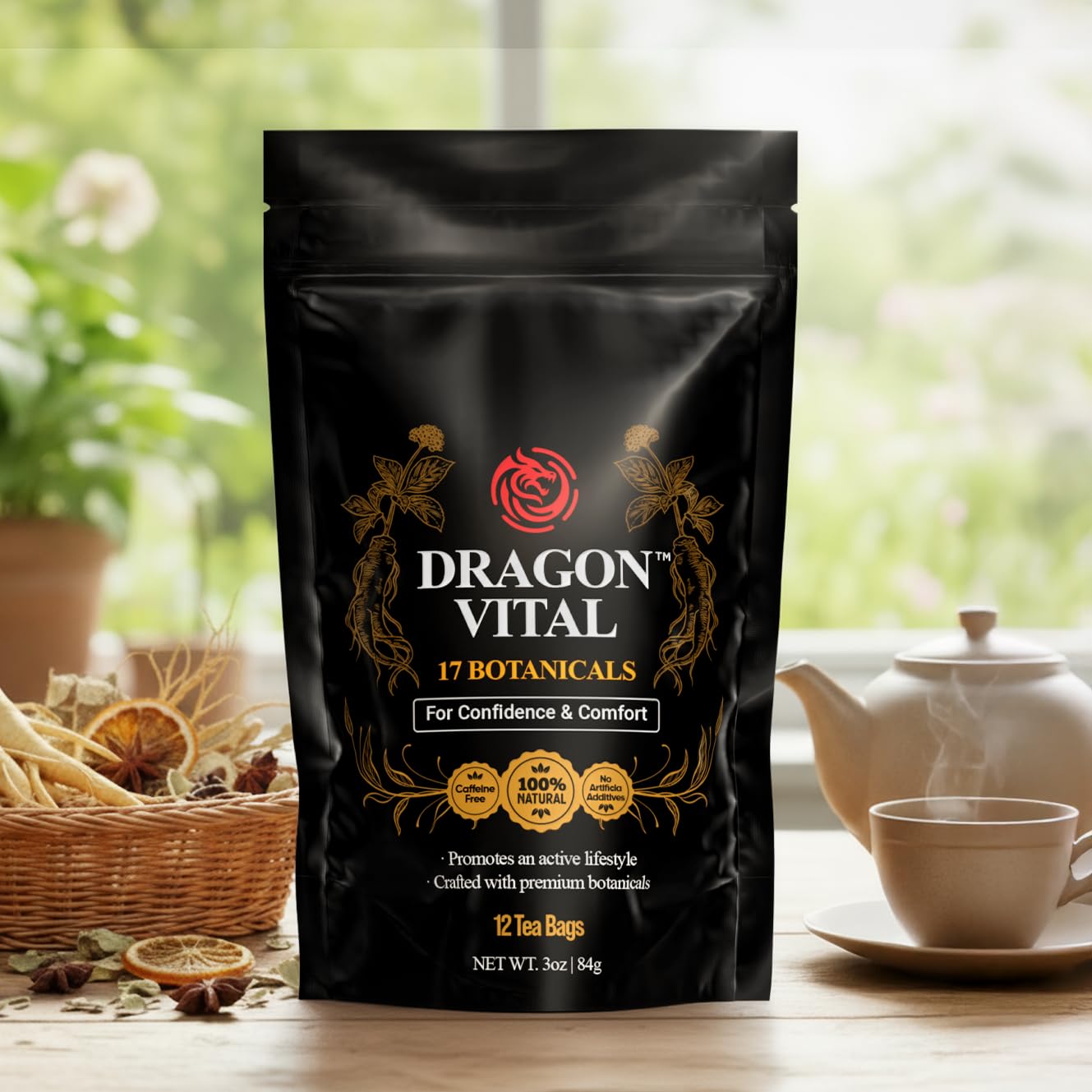 Dragon Vital Herbal Tea with Ginseng & Maca – Natural Energy Support | Caffeine-Free Botanical Blend for Vitality & Active Living | All natural - NON-GMO & No Preservatives |12 Tea Bags | by Robutop
