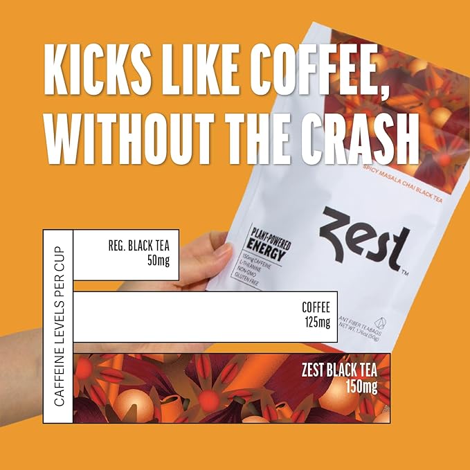 Zest 150mg High Caffeine Energy Leaf Blend - Spicy Masala Chai Black Tea - 20 Pack Bag