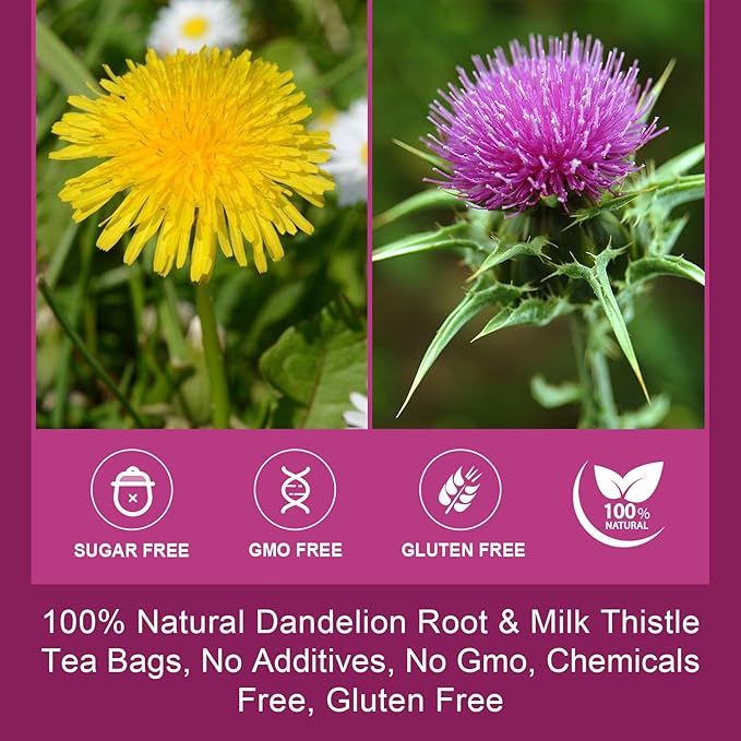 Dried Dandelion Root with Milk Thistle Tea - Natural Dandelion Root and Milk Thistle Herbal Tea bags, Antioxidant and Immune Support, Caffeine Free