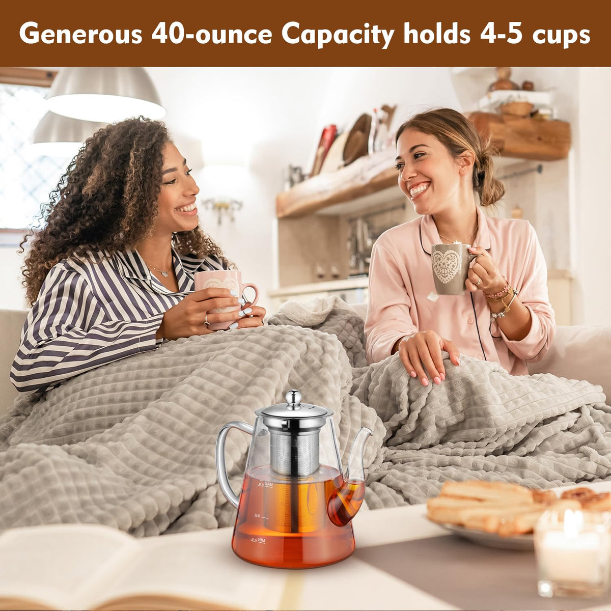 Zpose Glass Teapot, 1200ml (40oz) Tea Pot with Infuser for Loose Tea and Blooming Tea, Stovetop Safe Tea Kettle, Hand Crafted