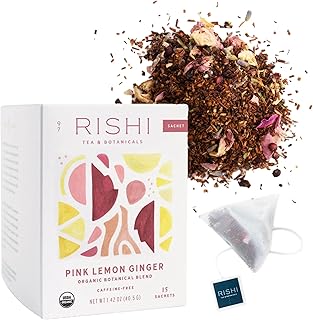 Rishi Tea Pink Lemon Ginger Herbal Tea - Organic, Caffeine Free Sachet Bags, Tangy & Naturally Sweet Botanical Blend, Enjoy Hot or Iced - 15 Count (Pack of 1)