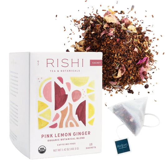 Rishi Tea Pink Lemon Ginger Herbal Tea - Organic, Caffeine Free Sachet Bags, Tangy & Naturally Sweet Botanical Blend, Enjoy Hot or Iced - 15 Count