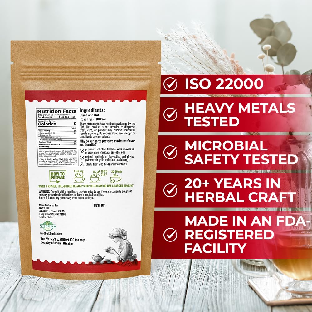 100 Bags Rosehips Tea Dried Rose Hips Crushed (Rosa Canina) - 100 Count 1.5 g Tea Bags Rosehip Berries