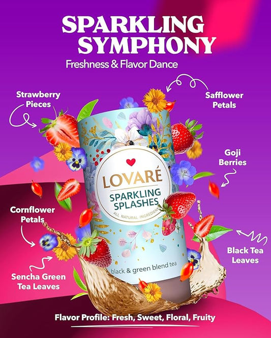 LOVARE Sparkling Splashes Loose Leaf Tea 80 g - Made in Ukraine - Black and Green Tea, Strawberry, Cornflower and Safflower Petals, Goji berries - Gift Box with 15 Paper Filters