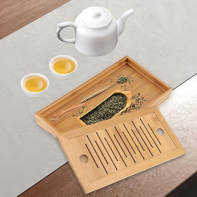 Joyzan Chinese Tea Tray, Mini Bamboo Small Gongfu Tea Table Set Japanese Serving Kung Fu Plate Drainage Reservoir Drawer Type Water Storage Box Chassis Wooden Home Office Household Teahouse Bar