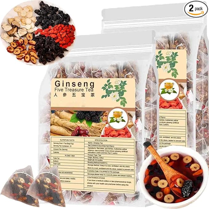 Ginseng & Mulberry Herbal Tea, Ginseng Five Treasures Tea Kidney Tea, Goji Berry Chinese Kidney Cleanse Detox TeaBag for Men Women (2Bag(50pcs))