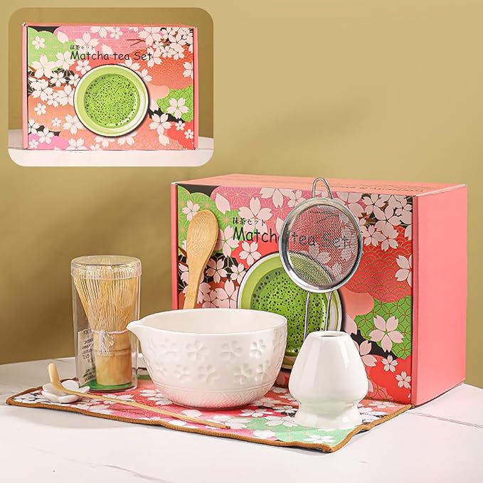8-Piece Matcha Ceremony Set - Tea Kit with Cherry Blossom Bowl, Bamboo Whisk, Wood Scoops, Tea Cloth