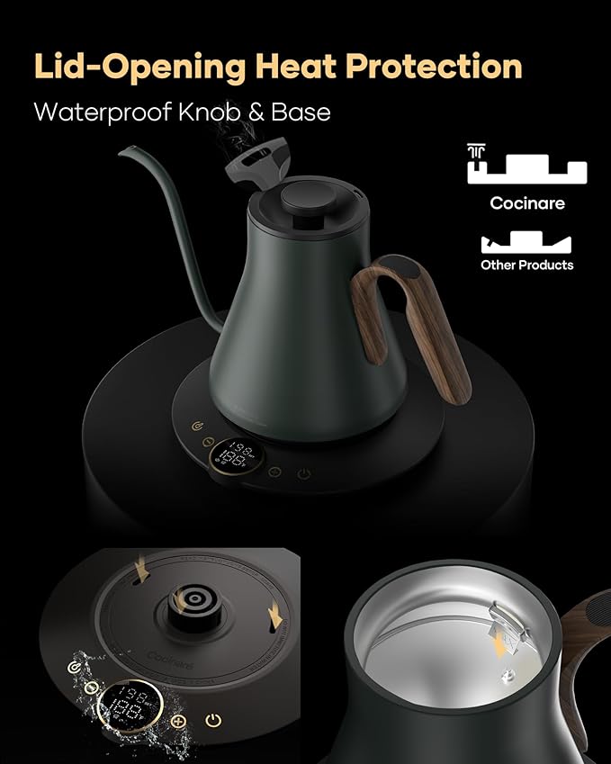Cocinare FLOW B9 Gooseneck Electric Kettle, Precise Temperature Control for Pour-Over Coffee & Tea Brewing, Stainless Steel Interior, Rapid Heating for Boiling Water 1500W/0.9L (Delacroix Green)