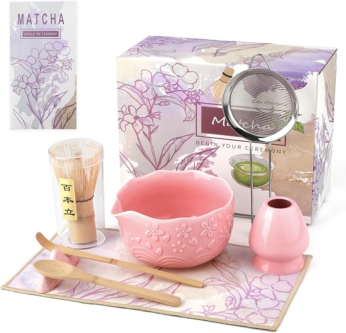 Matcha Whisk Set, 8 Pcs Matcha Kit with Ceramic Japanese Matcha Bowl & Accessories Kit for Traditional Tea Ceremony, Home Use & Christmas Gifts for Matcha Lovers (Pink)