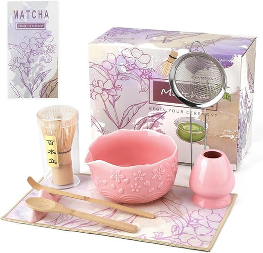 Matcha Whisk Set, 8 Pcs Matcha Kit with Ceramic Japanese Matcha Bowl & Accessories Kit for Traditional Tea Ceremony, Home Use & Christmas Gifts for Matcha Lovers (Pink)