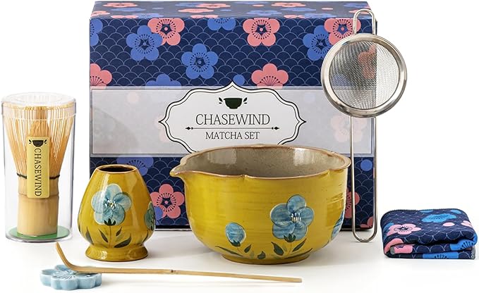 Matcha Whisk Set, 7Pcs Matcha Set with Hand-Painted Ceramic Matcha Bowl, Matcha Whisk and Holder, Sc
