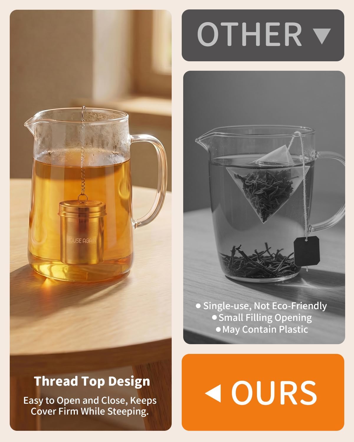 HOUSE AGAIN Large Tea Infuser, Extra Fine Mesh Tea Strainers for Loose Tea, 18/8 Stainless Steel Tea Strainer with Extended Chain Hook, Tea Steeper for Brew Tea, Spices &amp; Seasonings for Multi Cups