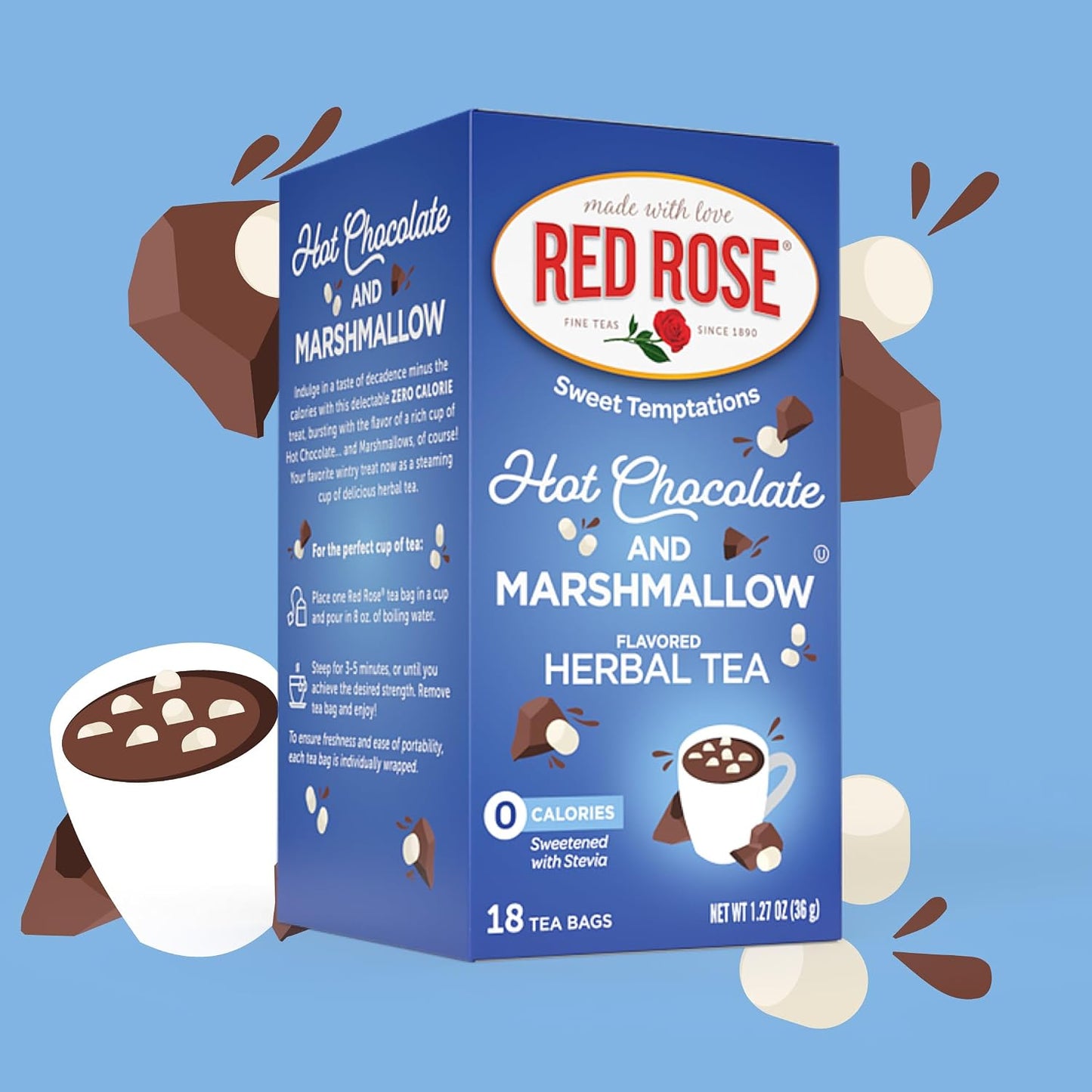 Red Rose Hot Chocolate with Marshmallow Dessert Tea, 18 Count, Pack of 6 | Sweet, dessert-inspired herbal tea | Naturally flavored | Caffeine-free | Ideal sweet treat