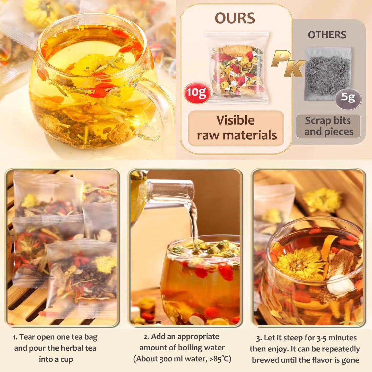 Dandelion Wolfberry Tea, 8 Natural Herbal Ingredients, Dandelion Teabag Organic, Natural Chinese Wolfberry Tea Bags, Chrysanthemunn Cassia Seed (1 Bag 12 Pcs)