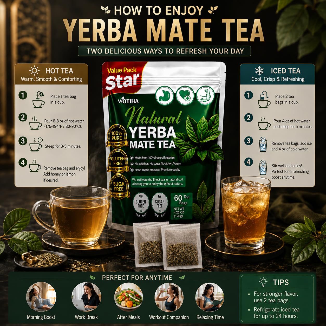 WOTIHA 60 Count Premium Unsmoked Yerba Mate Tea Bags - Sourced from Argentina, 100% Pure &amp; Natural Energy, Coffee Alternative, Additive-Free, Sugar-Free, Gluten-Free, Vegan, Non-GMO