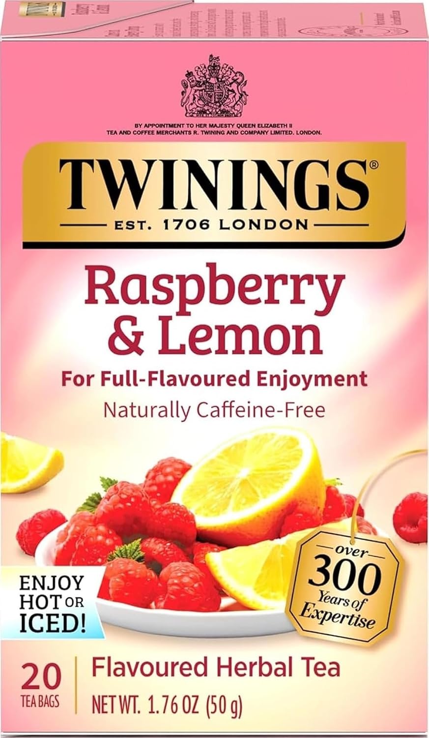 Twinings Raspberry &amp; Lemon Herbal Tea Bags, 20 CT Box (1 Pack) | With Hibiscus, Rosehips, Blackberry Leaves, Rose Petals, Naturally Caffeine-Free, 20 Foil Lined Individually Wrapped Bags