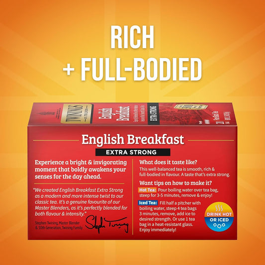 Twinings Extra Strong English Breakfast Black Tea Bags, 20 CT (1 Pack) | A Rich, More Intense Twist to Our Classic, Naturally Caffeinated, 20 Foil Lined Individually Wrapped Bags, Enjoy Hot or Iced
