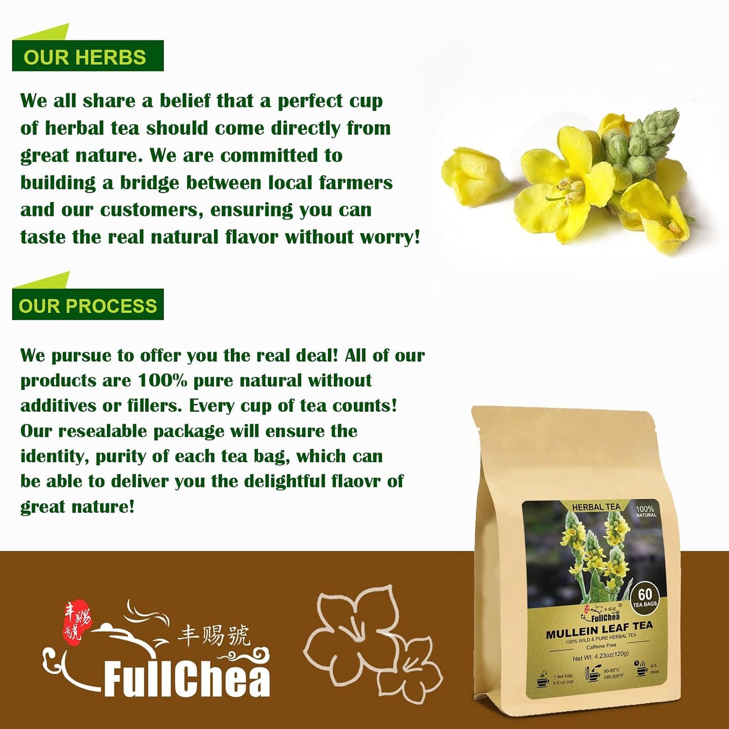 FullChea Mullein Leaf Tea Bags, 2g X 60 Count, Big &amp; Resealable Pack