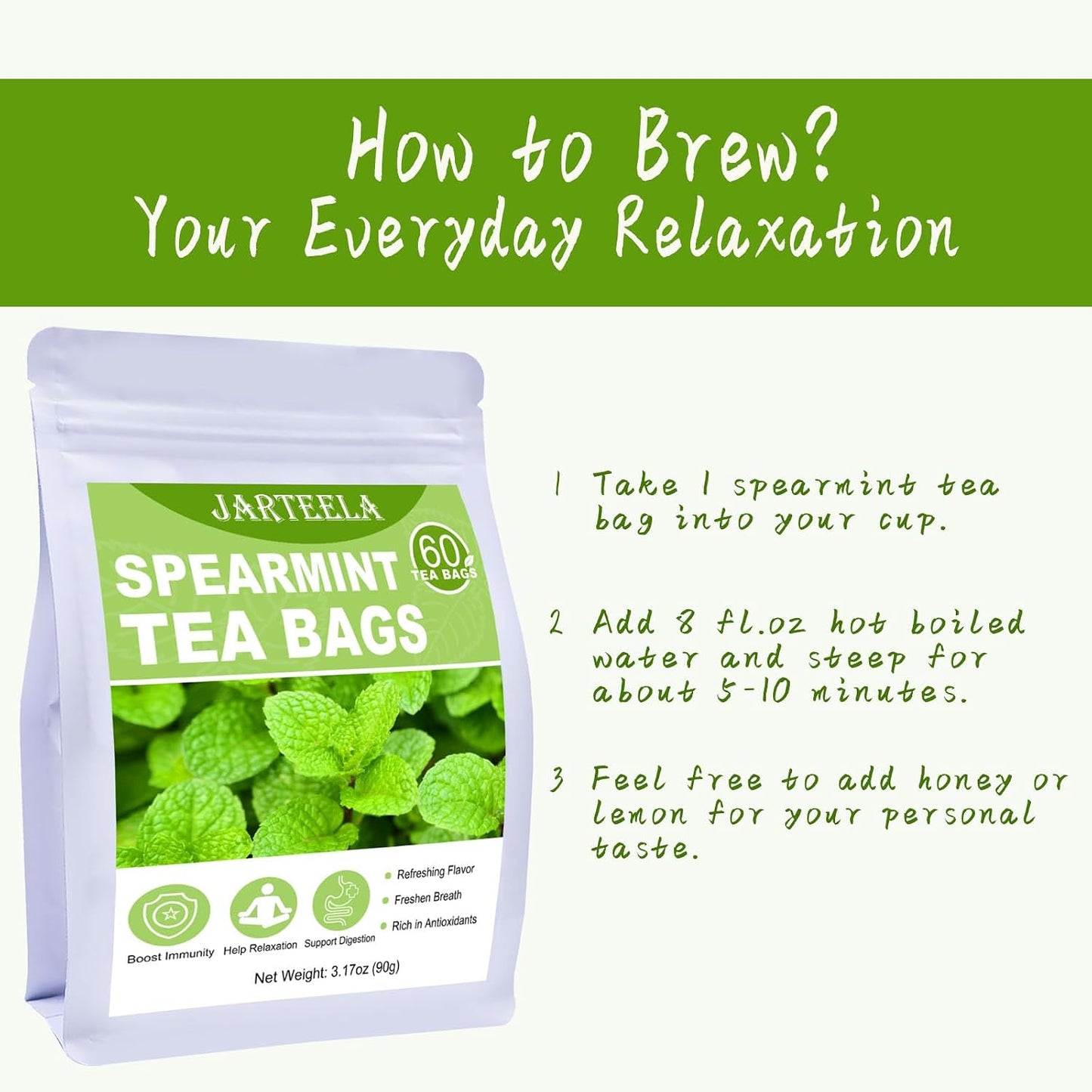 Jarteela - Spearmint Tea Bags, 60 Ct, Spearmint Mint Leaf Tea | 100% spearmint leaves, Non-GMO. Naturally refreshing, helps freshen breath and supports gentle digestion after meals.