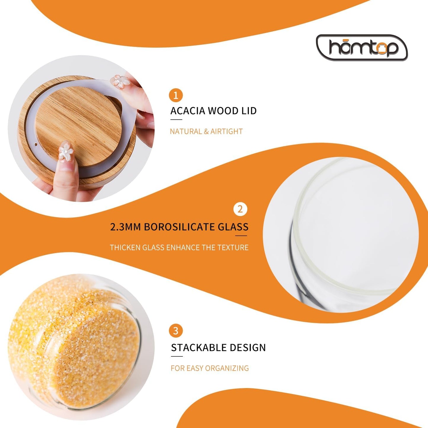 3 Pack Glass Jars with Acacia Wooden Lids | 34 Oz Kitchen Storage Containers Food Canisters Stackable Design