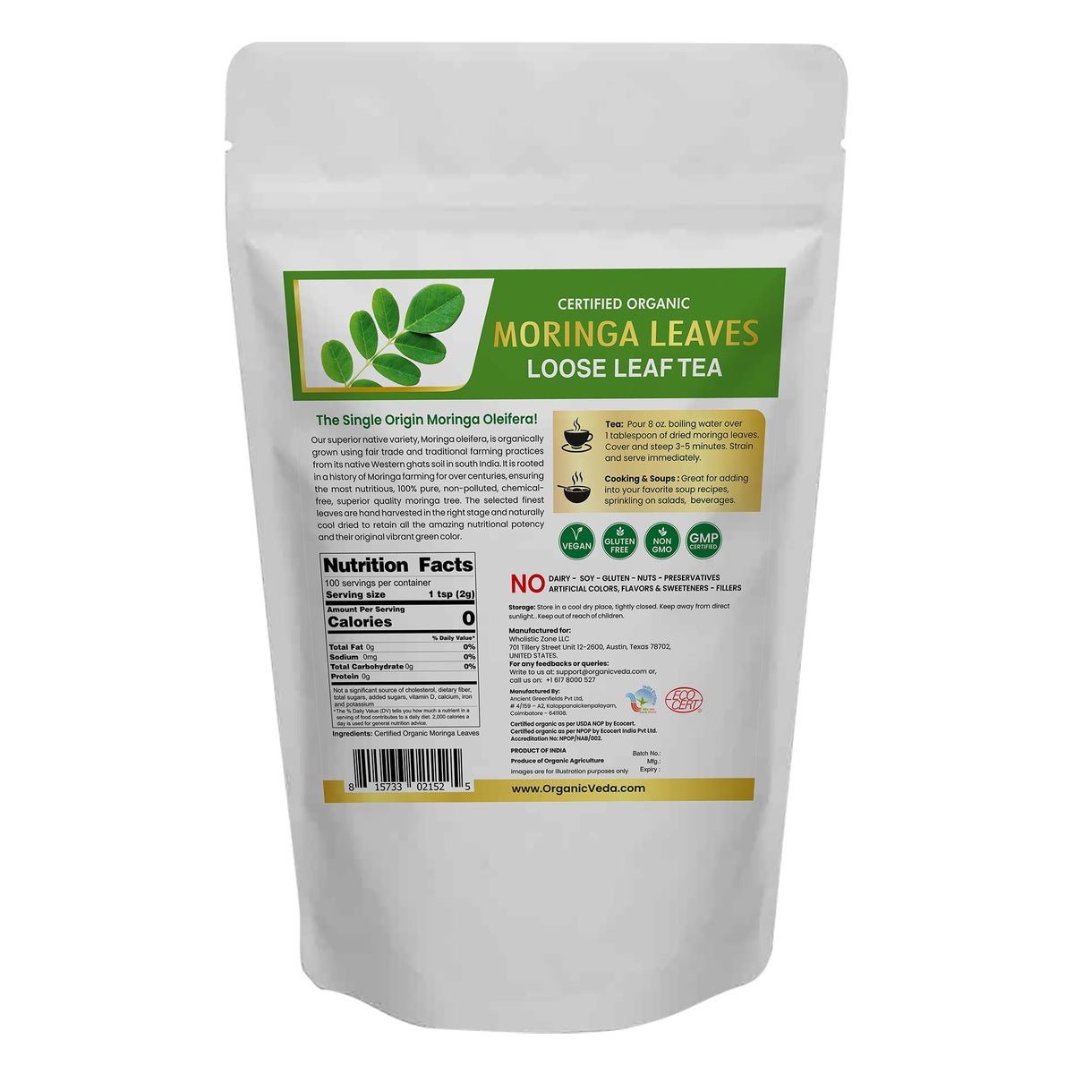 Organic Veda Moringa Tea Leaves - True Green Rich, Premium Single Origin,100% Organic Moringa Oleifera Loose Leaf Tea