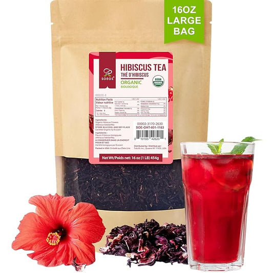 Soeos Organic Hibiscus Flower Herbal Tea, 1lb (16oz), Whole Dried Petals, Bold Tart Flavor, Caffeine-Free & Naturally Refreshing