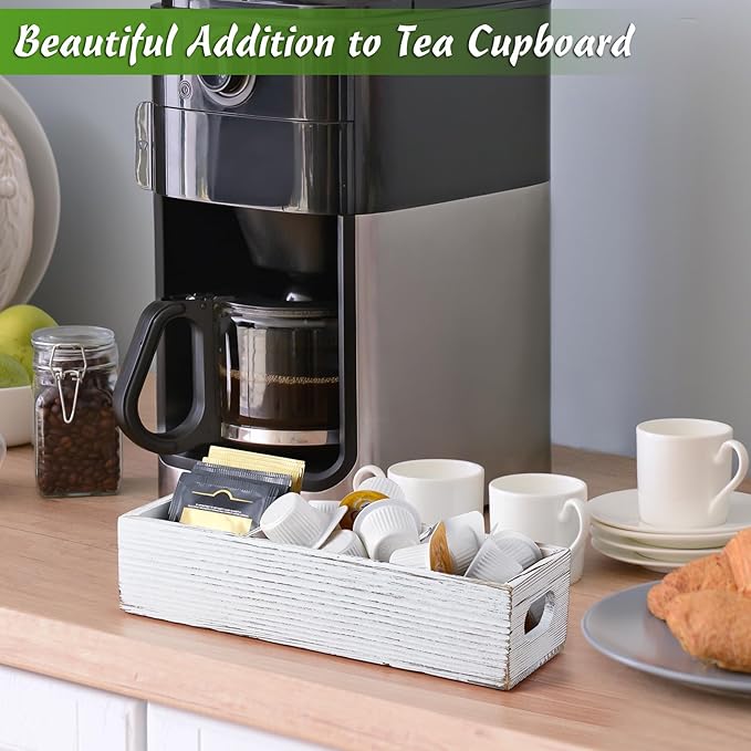 Drastar Tea Bag Organizer with 3 Slots, Wooden Sugar Packet Holder, Mini Tea Bag Caddy Box for Countertop, Retro White
